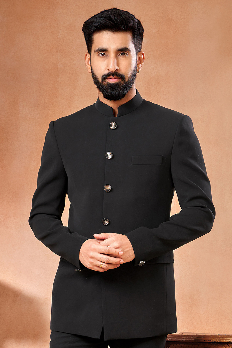 Black Art Silk Plain Men s Waist Coat For Sangeet MWCV0277