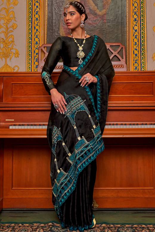 frocks maxi dress dress from chiffon saree Buy Black Indian Plus Size Dresses Online for Women in USA Nicholas - SEND ME Models:Model 4 Sophisticated Leheriya and cascading embellishments is