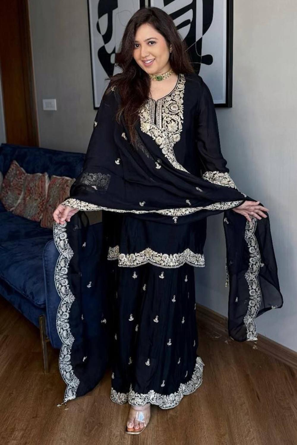 Black Chinnon Embroidered Straight Cut Garara Suit LSTV136597