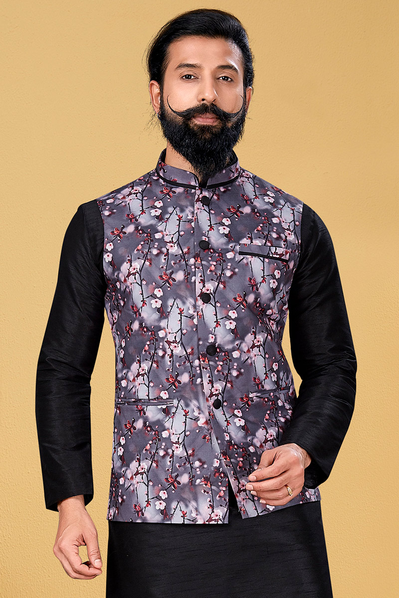Men's Waist Coat in Black Printed Fabric MWCV089