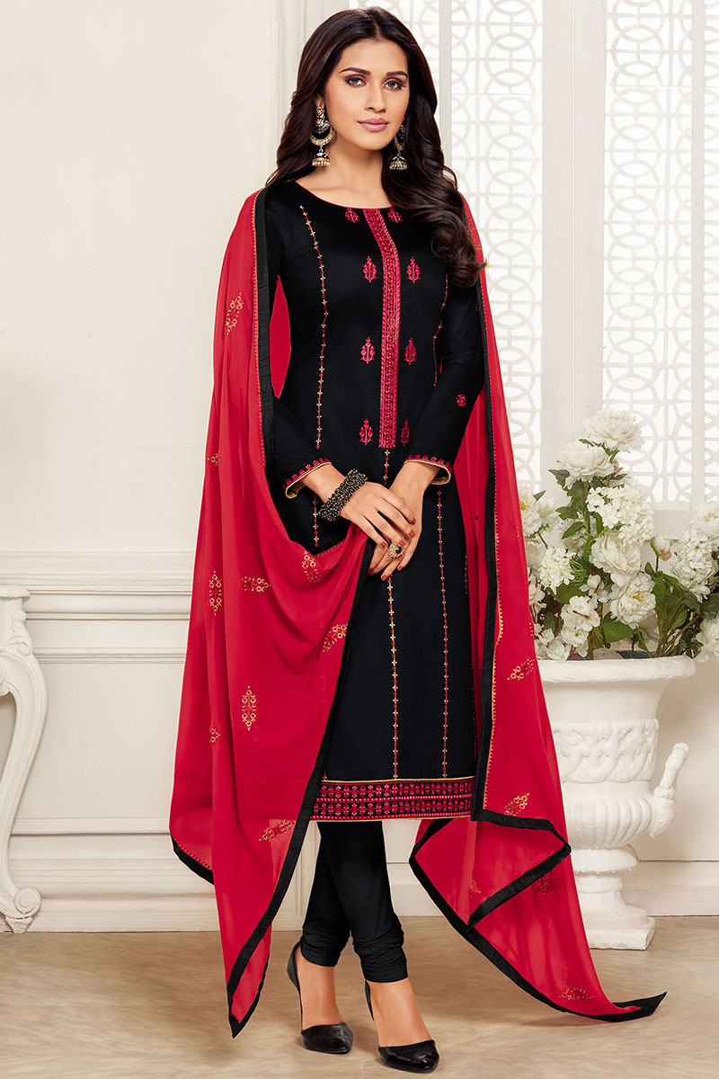 HOT Black Cotton Silk Churidar Kameez With Dupatta Black Cotton