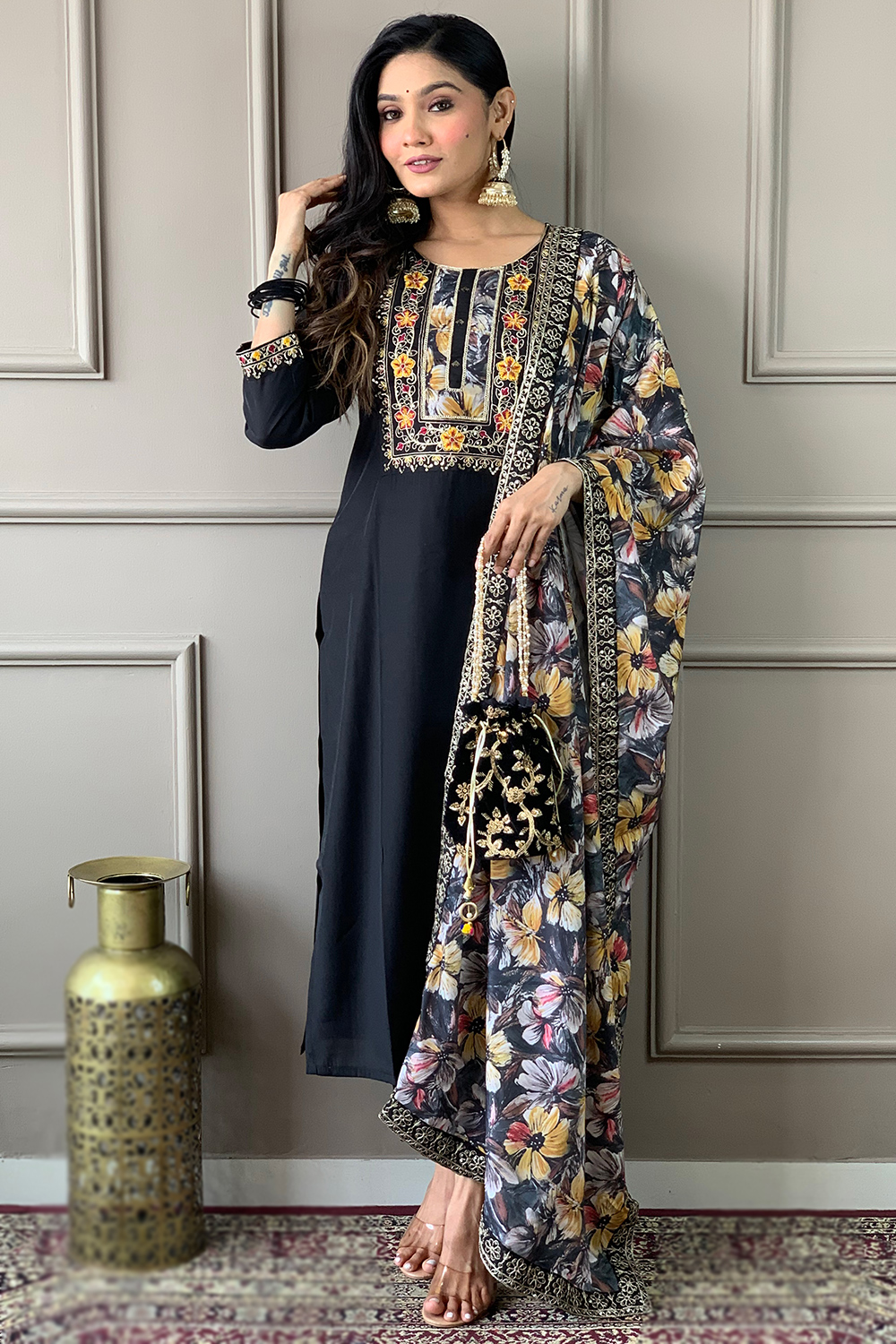 Black Cotton Silk Embroidered Casual Wear Trouser Suit LSTV130534