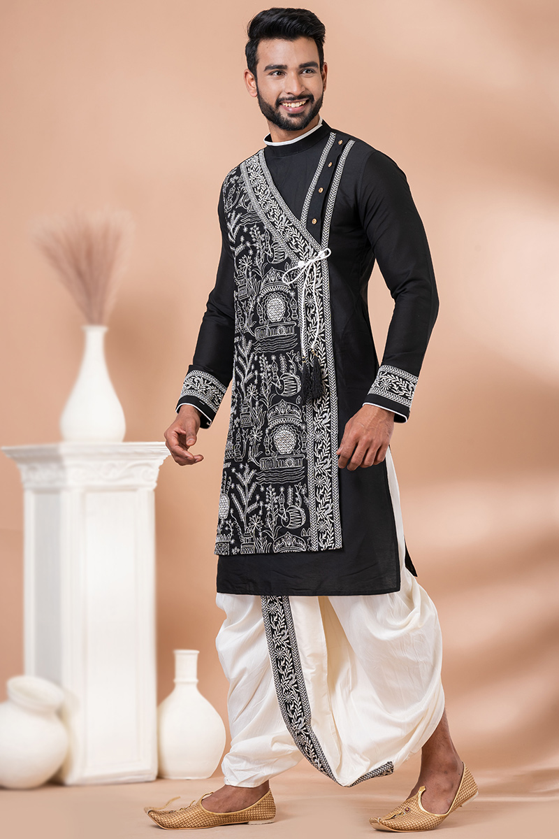 Black Cotton Silk Embroidered Men's Kurta With Dhoti MKPA07558