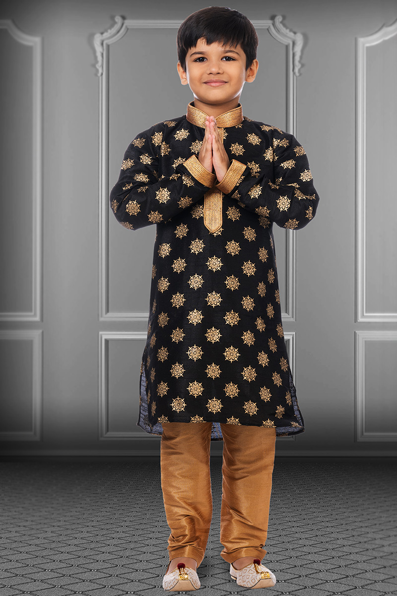 Men Kurta Pajama in Black Dupion Silk for Party Wear