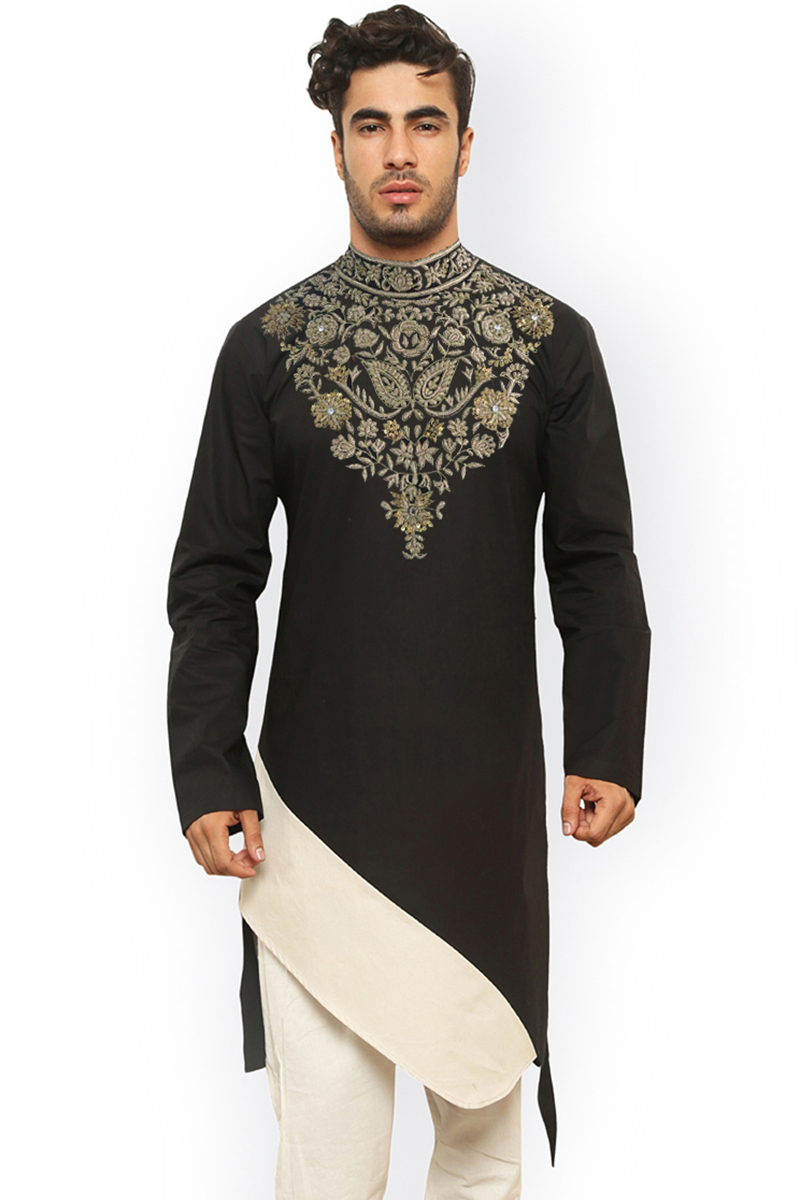 Black Dupion Silk Embroidered Men s Kurta MKV0090