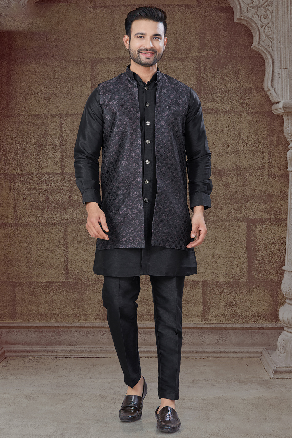Black Dupion Silk Jacket Style Men's Sherwani Pajama MSTV04694