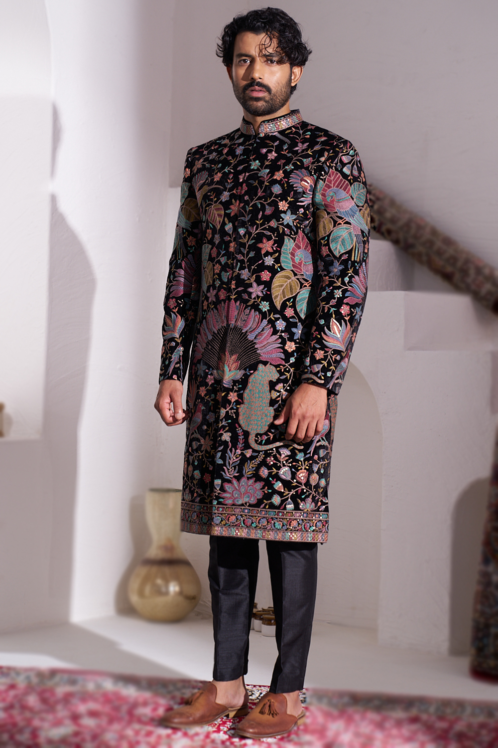 Black Embroidered Silk Achkan Style Men's Sherwani MSTV03932