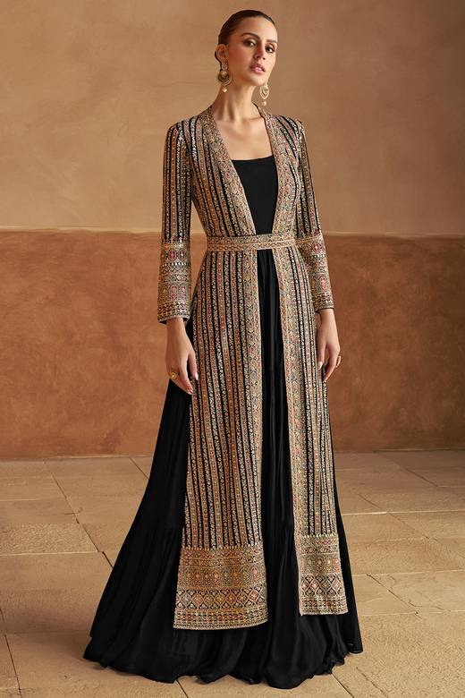formal indian dresses for women Ombre Embroidered Gown: Elegant Dress XXL (32 to 44 Bust Size) Type Buy Black Indian Dresses Online