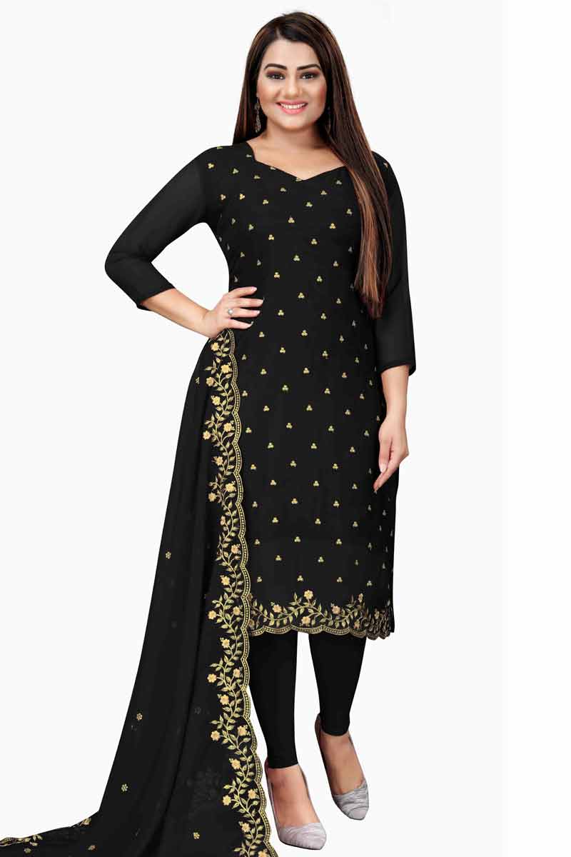 Black Georgette Embroidered Festive Wear Churidar Suit