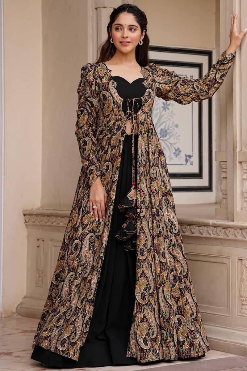 Black Georgette Ready to Wear Flared Style Plain Lehenga With Shrug