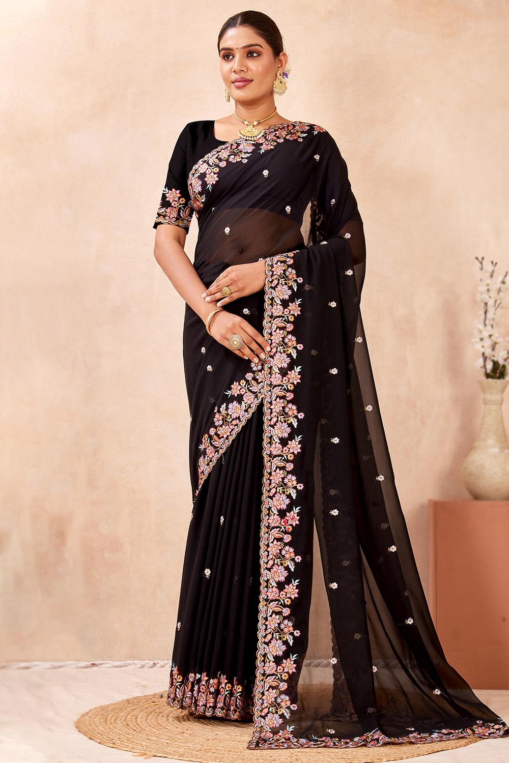 Black Georgette Light Weight Resham Thread Saree - SARV198753