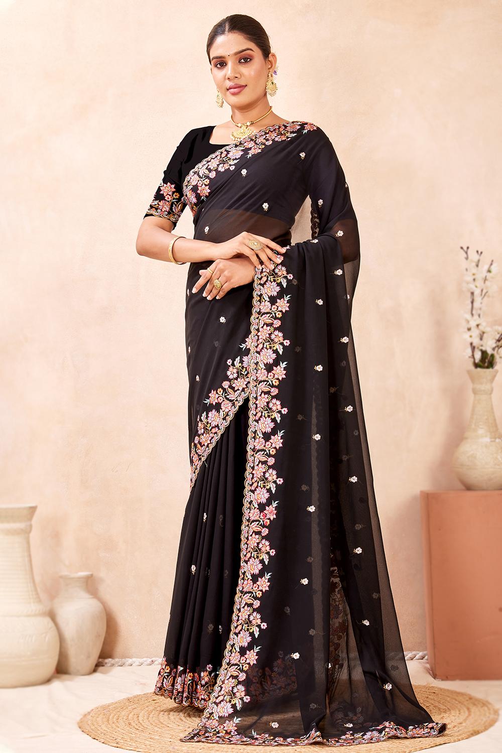 Black Georgette Light Weight Resham Thread Saree - SARV198753