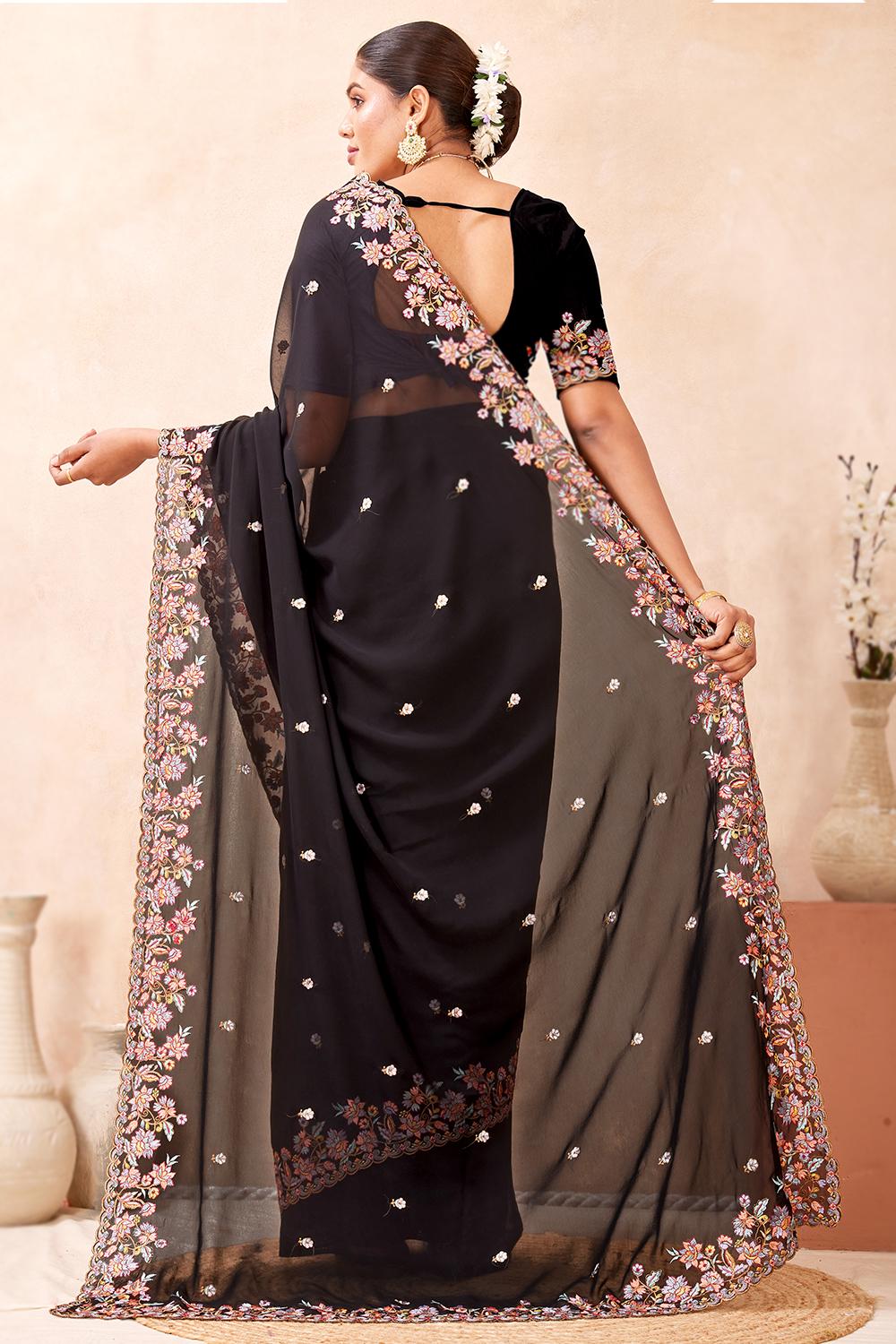 Black Georgette Light Weight Resham Thread Saree - SARV198753