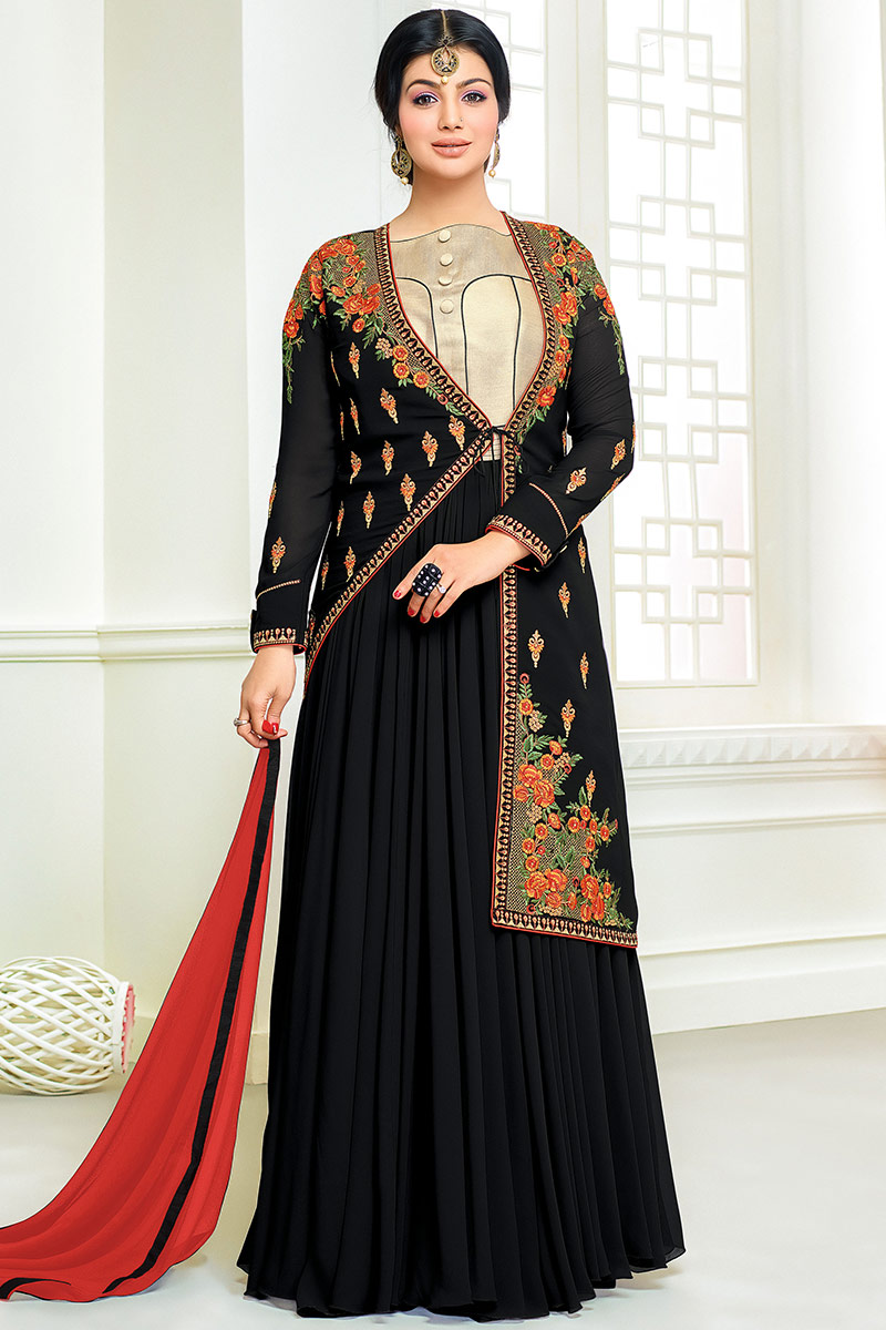 Buy Black Georgette Party Wear Anarkali Suit With Jacket Online