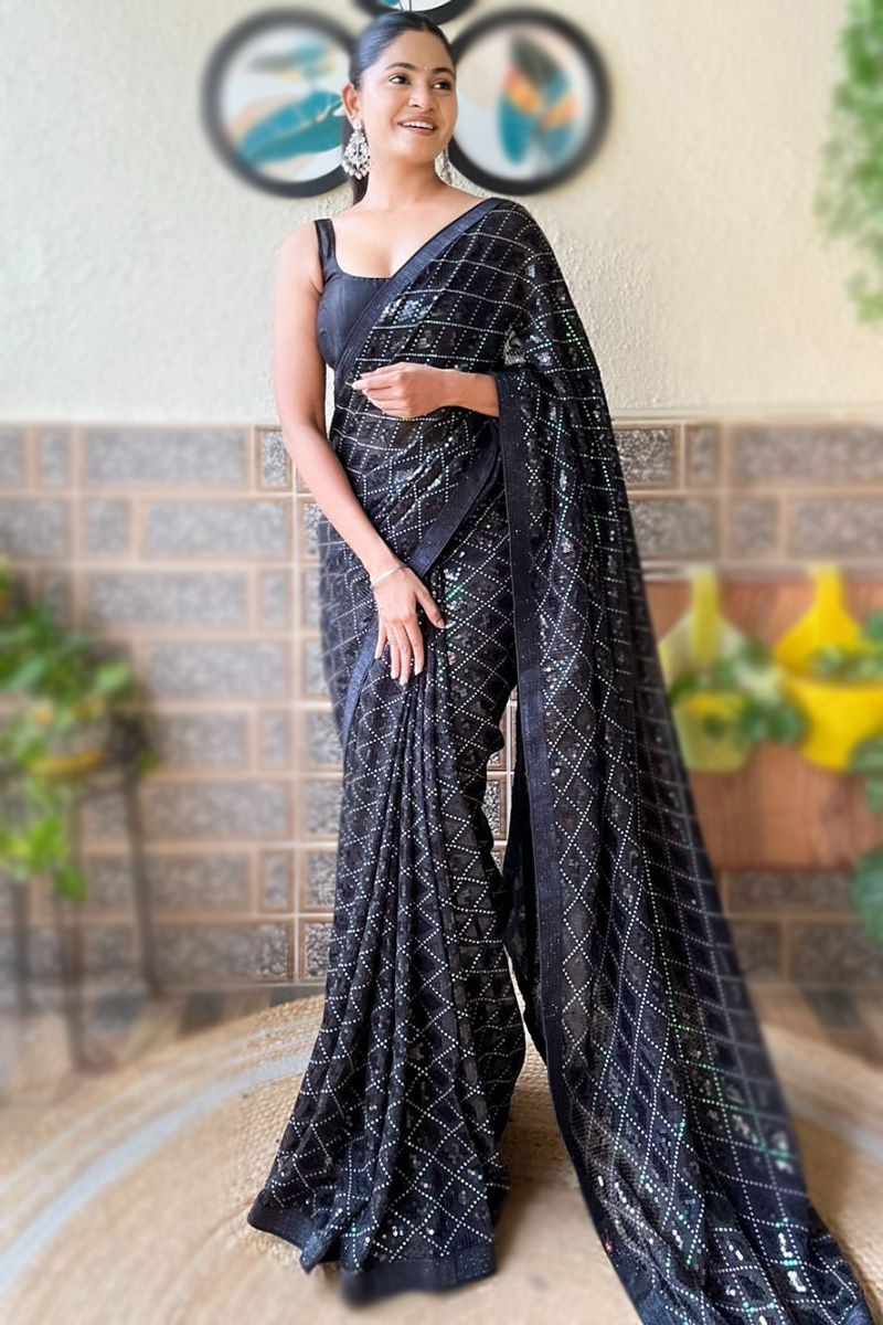 Stunning Hand Crafted newest Georgette Black Saree Designer Evening Party Wear Saree