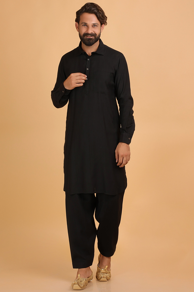 Black Linen Men s Pathani Kurta Salwar MKPA04811