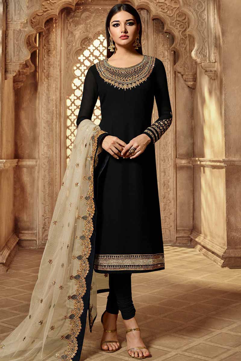 Buy Black Georgette Kurti With Net Lehenga Online LSTV03162