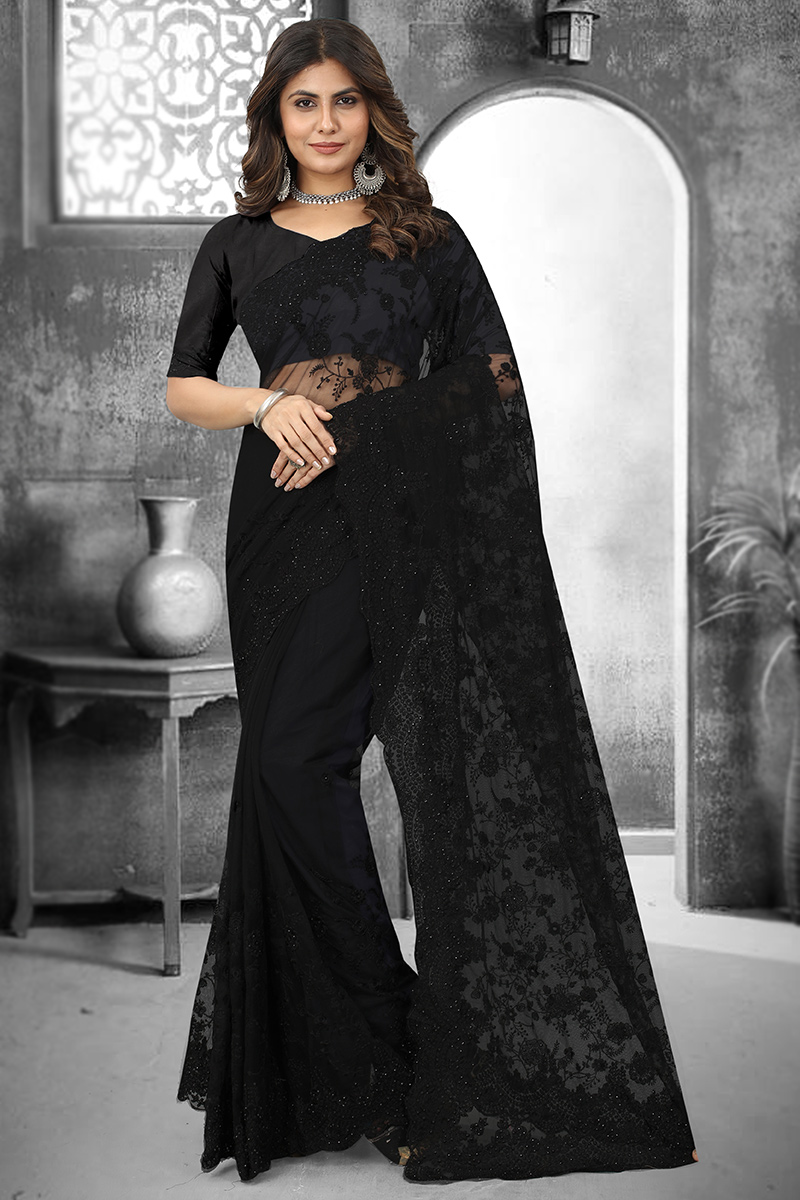 Black Net Saree with Resham Stone and Thread Work Blouse