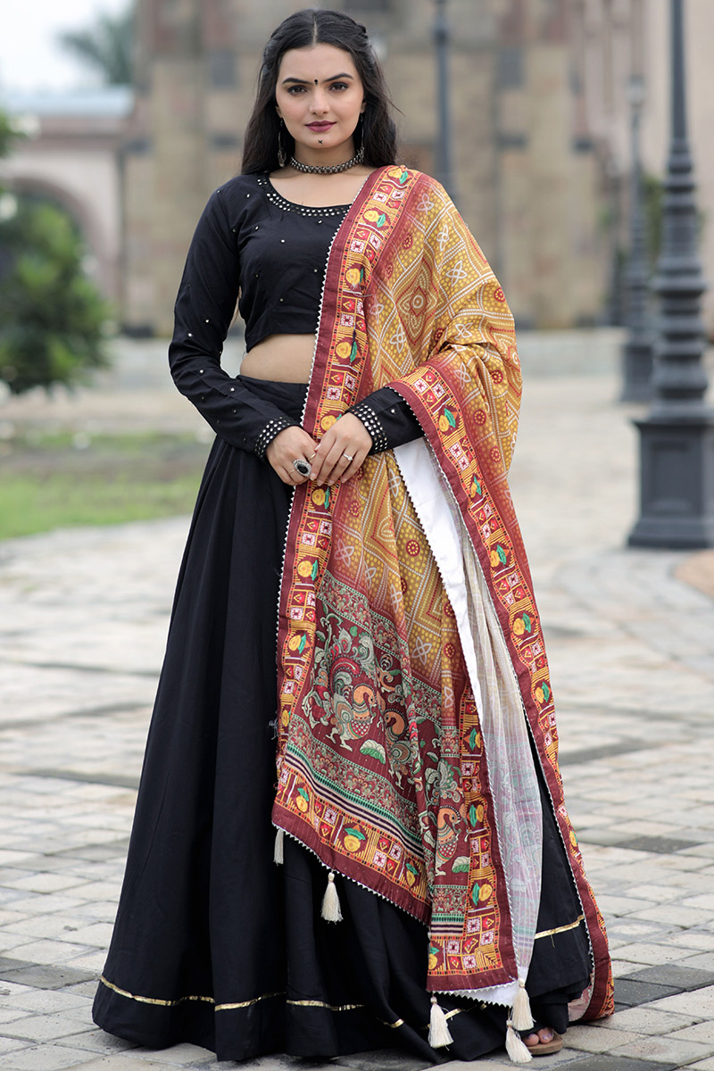 Black Rayon Gota Patti Embroidered Flared Lehenga