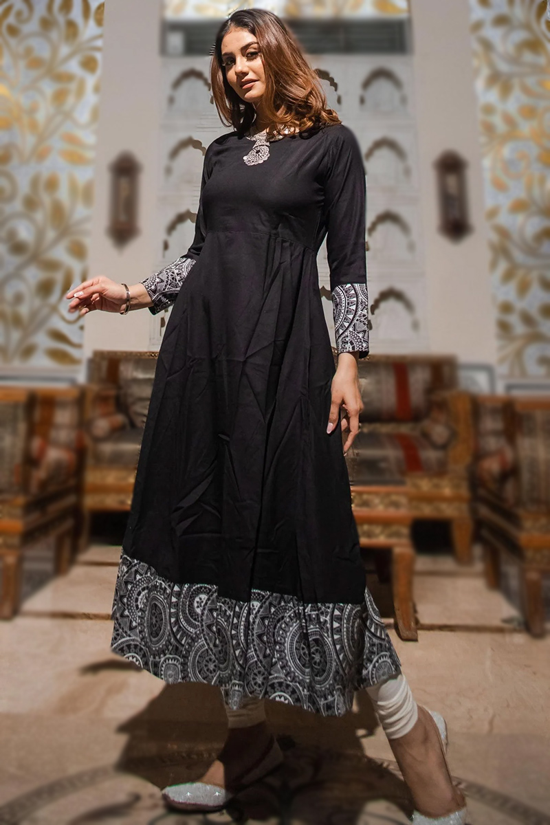 Black Rayon Printed A-Line Gown LSTV123588