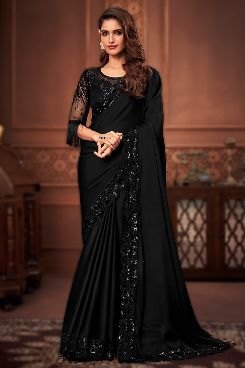 Custom Fit Black Satin Embroidered Indian Party Wear Saree SARV119394