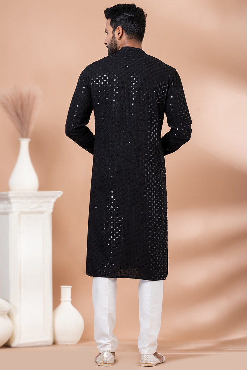 Black Sequins Embroidered Rayon Men s Kurta Pajama For Sangeet MKPA07053