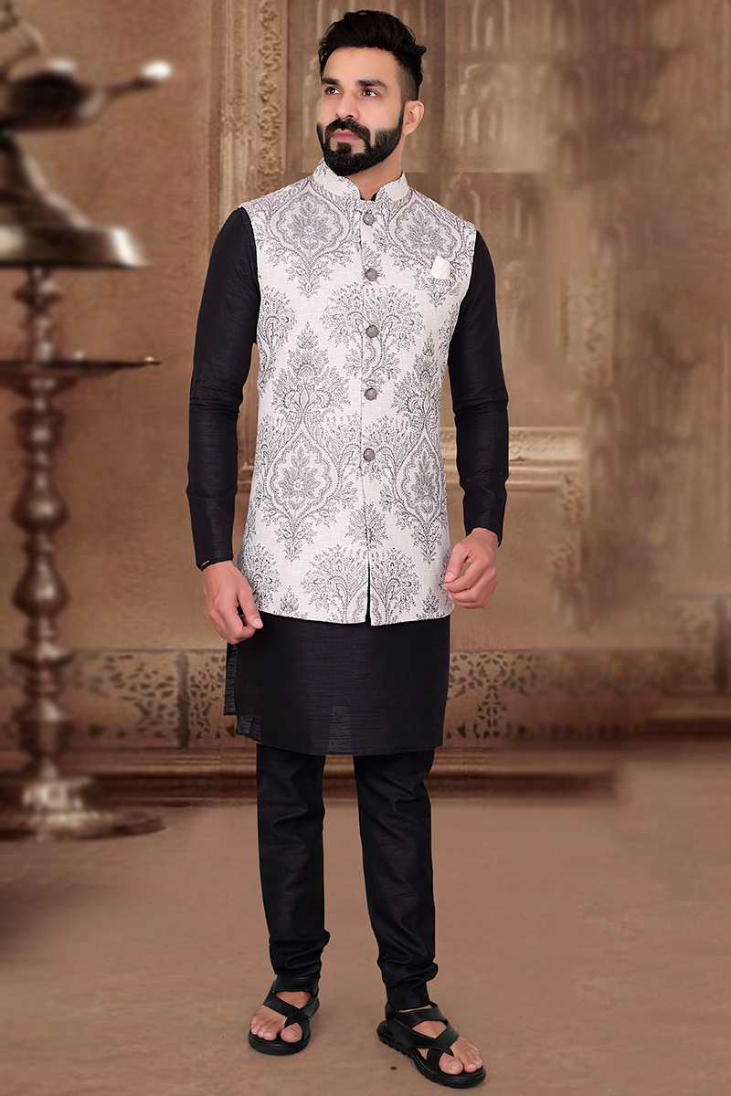 Andaaz Fashion Black Traditional Silk Men Kurta Pajama for Wedding