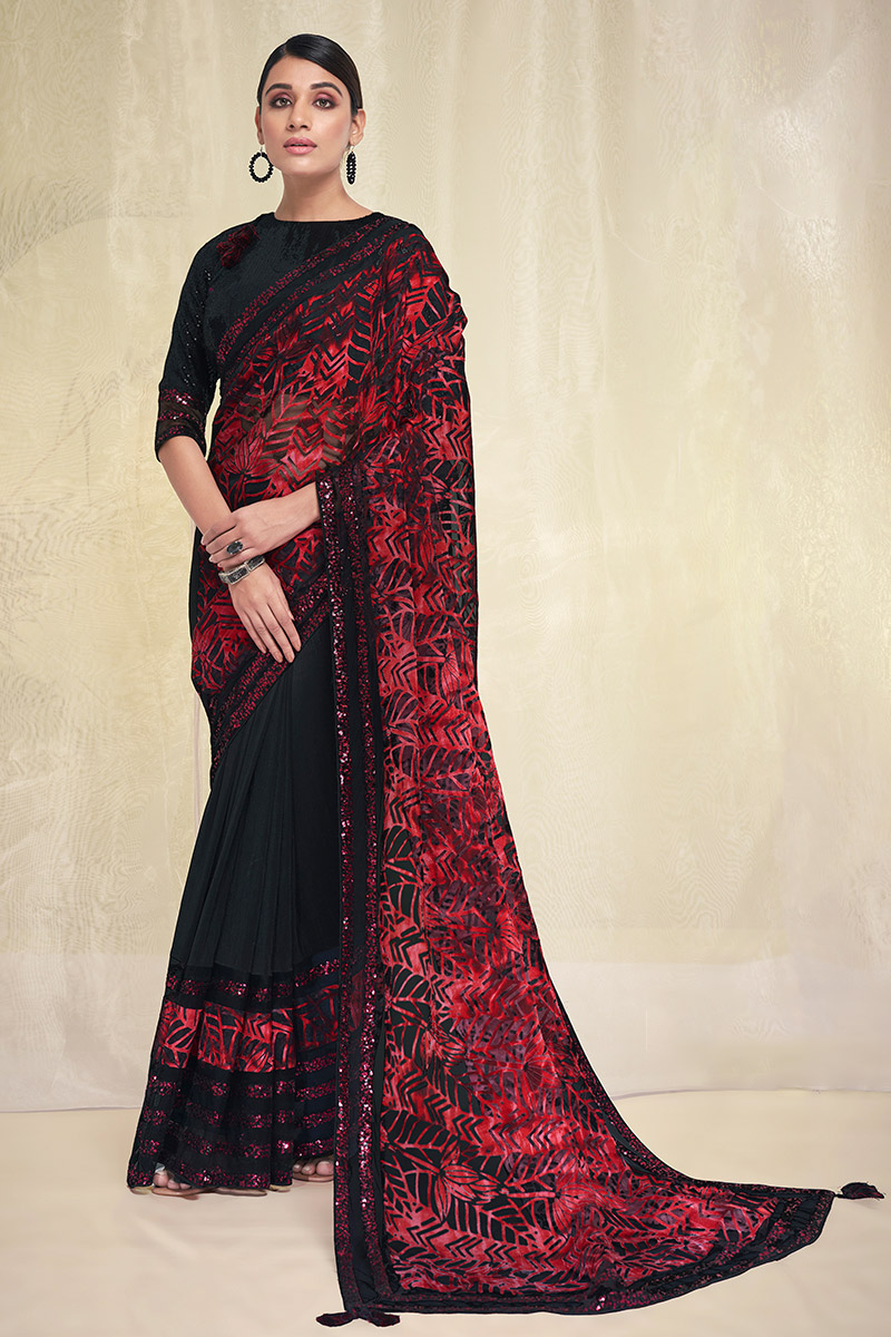 Black Silk Party Wear Half and Half Printed Saree