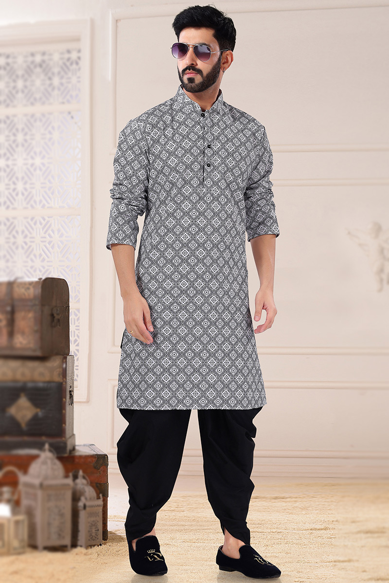 Straight Cut Men Kurta Pajama in Silk Black for Sangeet