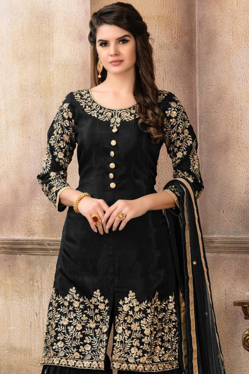 Black Colour Sharara Salwar Kameez,Reyon Silk Sharara Salwar Kameez,Bollywood Style discount Embroidery Work Sharara Salwar Suit,Exclusive Suit