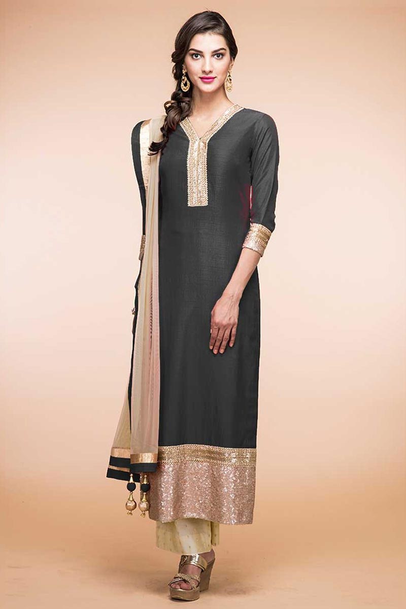gold prom dress looks Elegant Black Cotton Silk Kurta With Red & Gold Embroidery On Neckline –  Sujatra main image 0