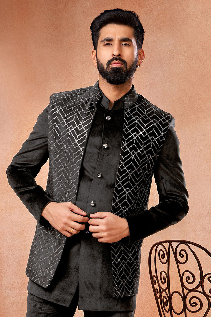 Black Velvet Embroidered Jacket Style Men's Waist Coat