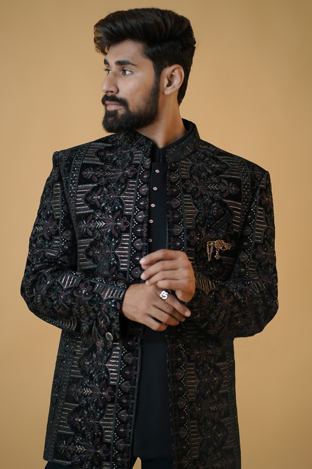 Black Velvet Embroidered Jodhpuri Style Men's Coat Pant MSTV04018