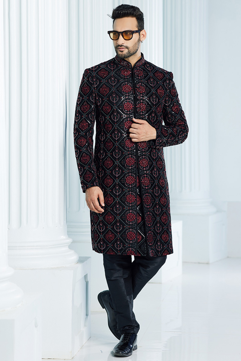 Black Velvet Embroidered Men's Sherwani For Pakistani Wedding