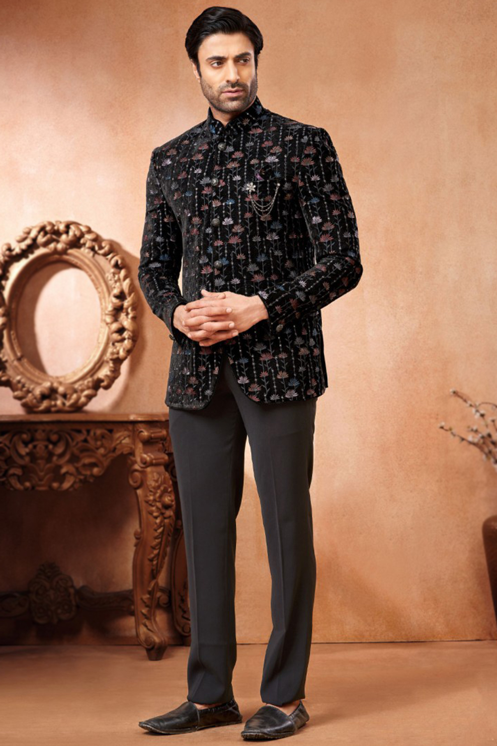 Black Velvet Sequins Embroidered Men's Jodhpuri Coat Pant MSTV04041