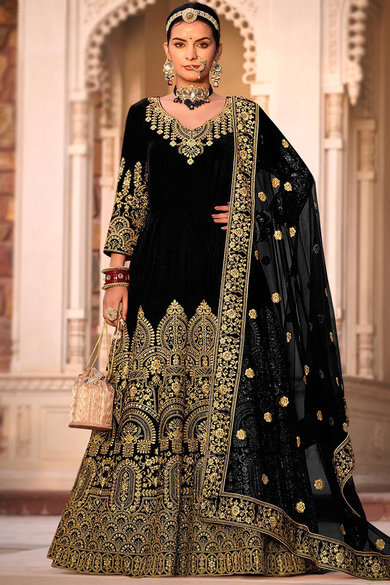 Black Zari Embroidered Festival Wear Velvet Anarkali Suit LSTV127562