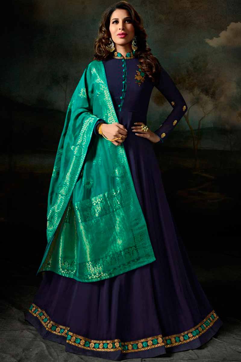 Lovely Denim Blue Georgette Anarkali Suit With Resham Work