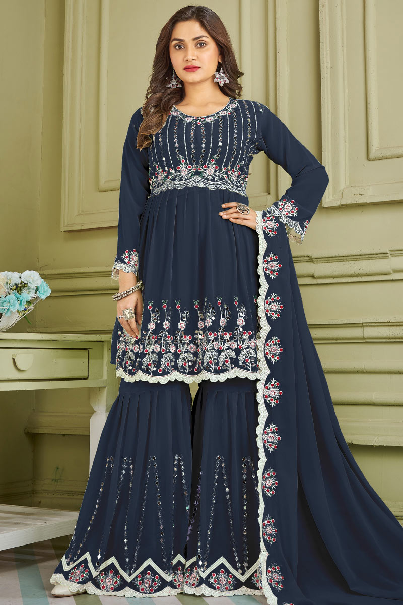 Blue Stone Work Embroidered Georgette Sharara Suit main image 0