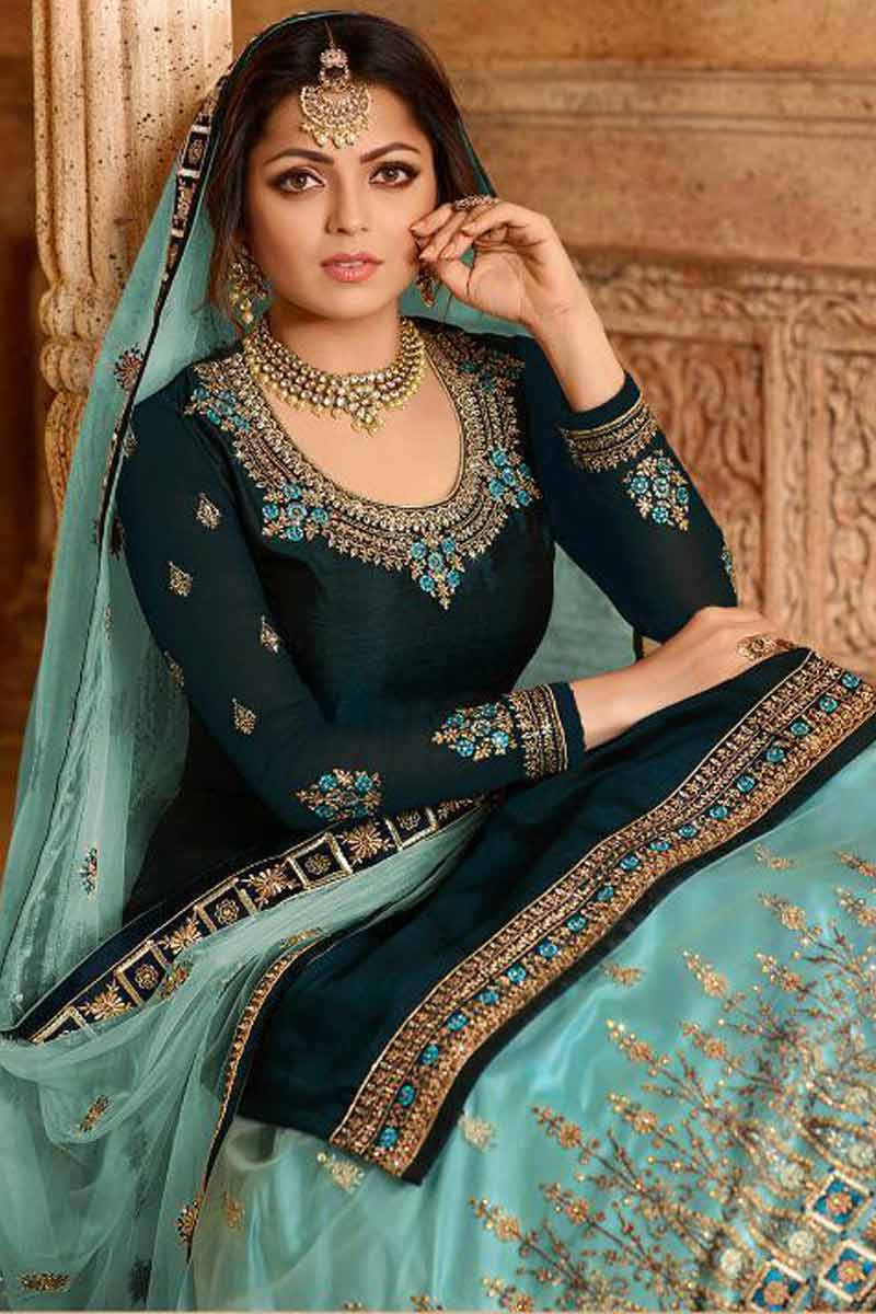 Buy Dark Pine Green Straight Kameez With Sky Blue Net