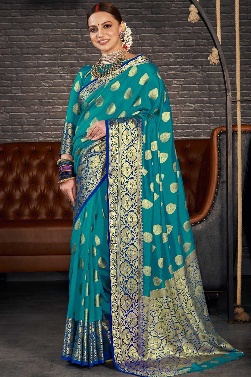 Blue Silk Party Wear Saree With Silk Blouse