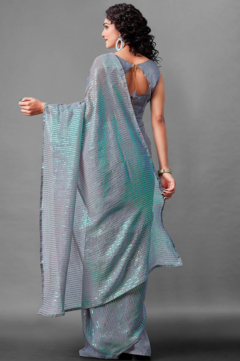 Bluish Grey Georgette Embroidered Saree|SARV112847