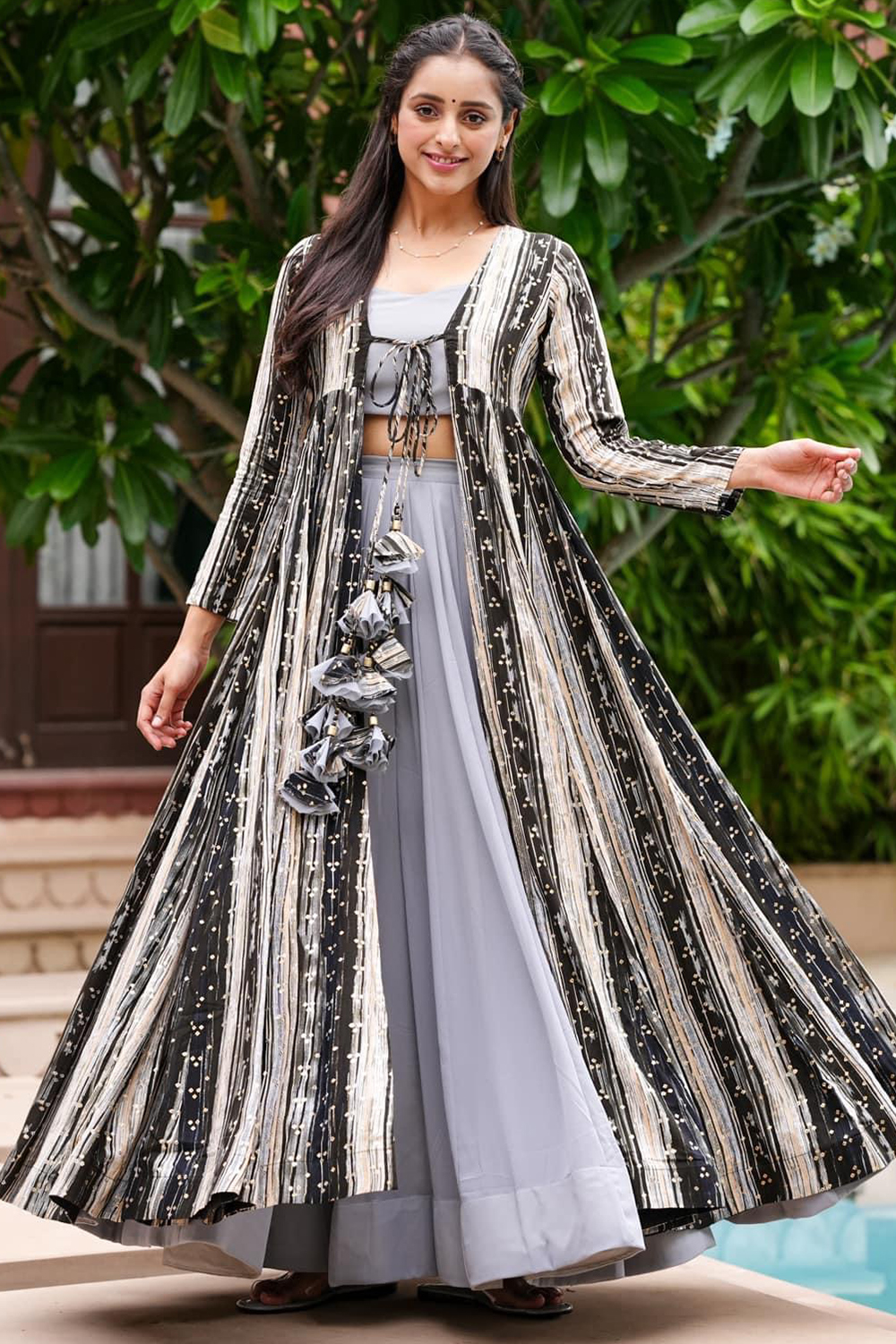 Shrug Dress For Indian Wedding Bluish Grey Georgette Flared Style