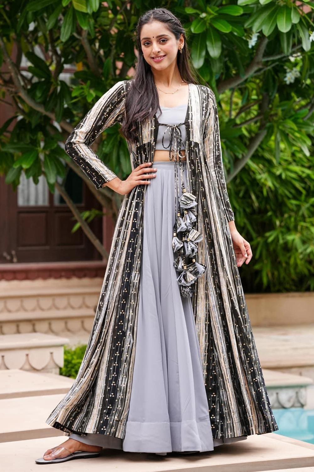 grey shrug for dresses Bluish Georgette Flared Style Plain Lehenga With LLCV120106 Featured