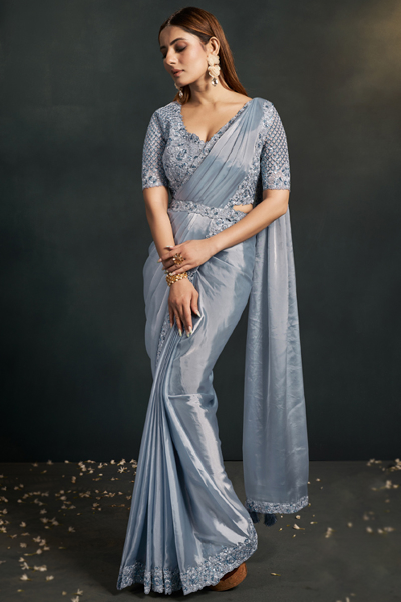 Bluish Grey Lace Embroidered Satin Party Wear Saree