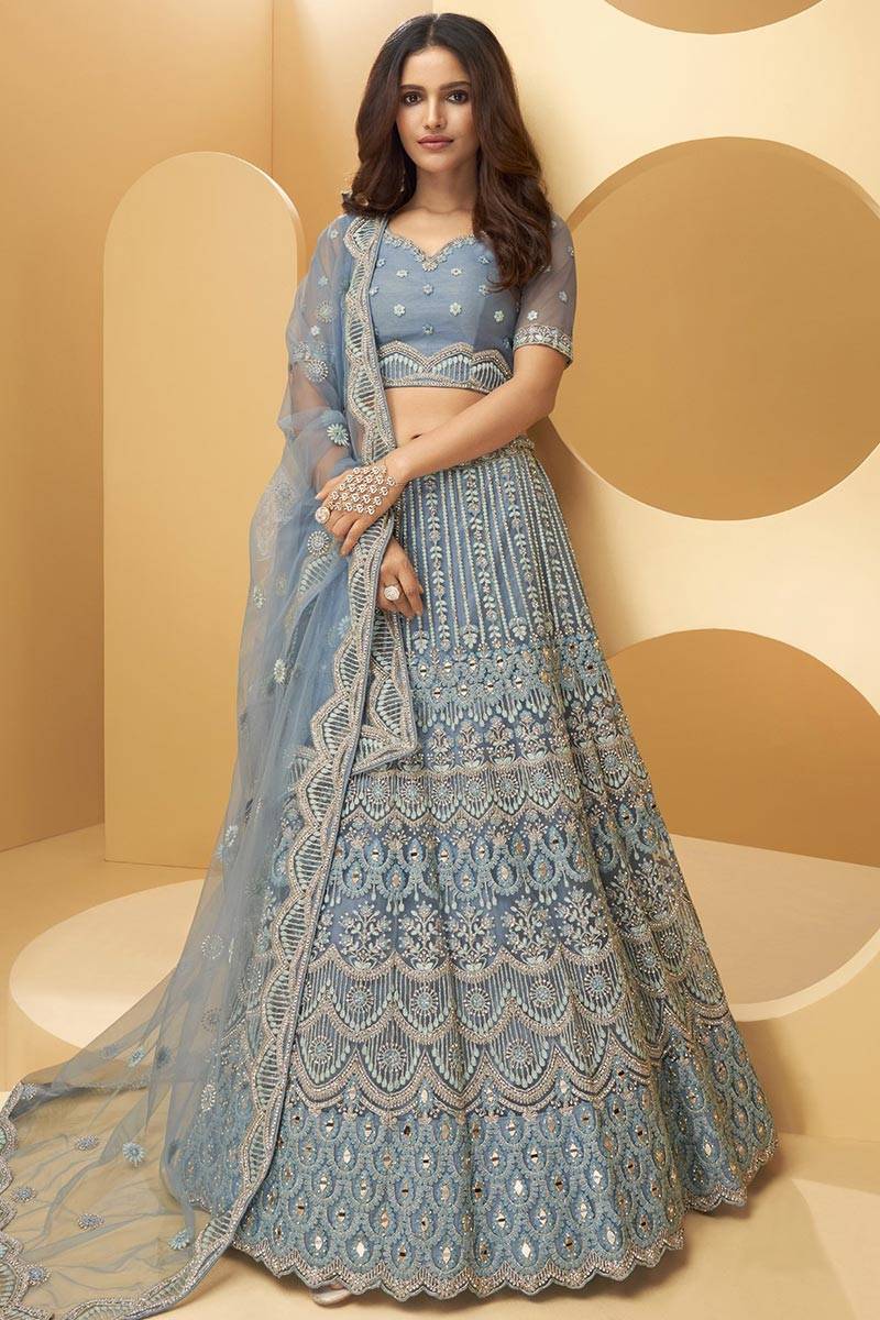 grey navratri dress Buy Net Bluish Lehenga LLCV09245 checker