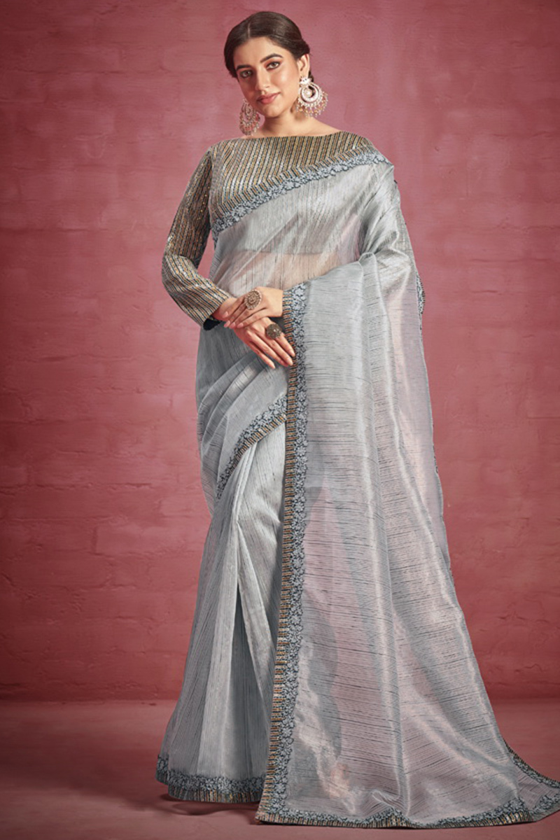 Bluish Grey Organza Saree