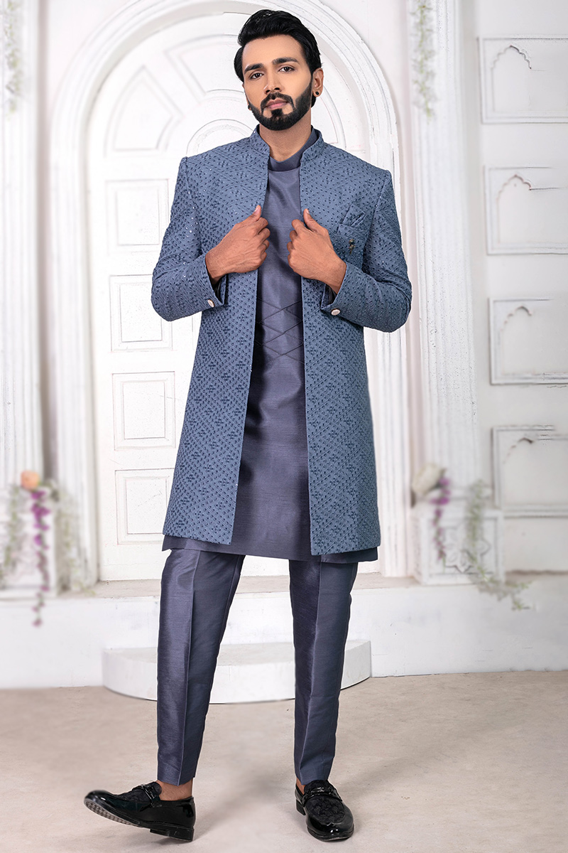 Bluish Grey Silk Embroidered Jacket Style Men's Sherwani MSTV02910