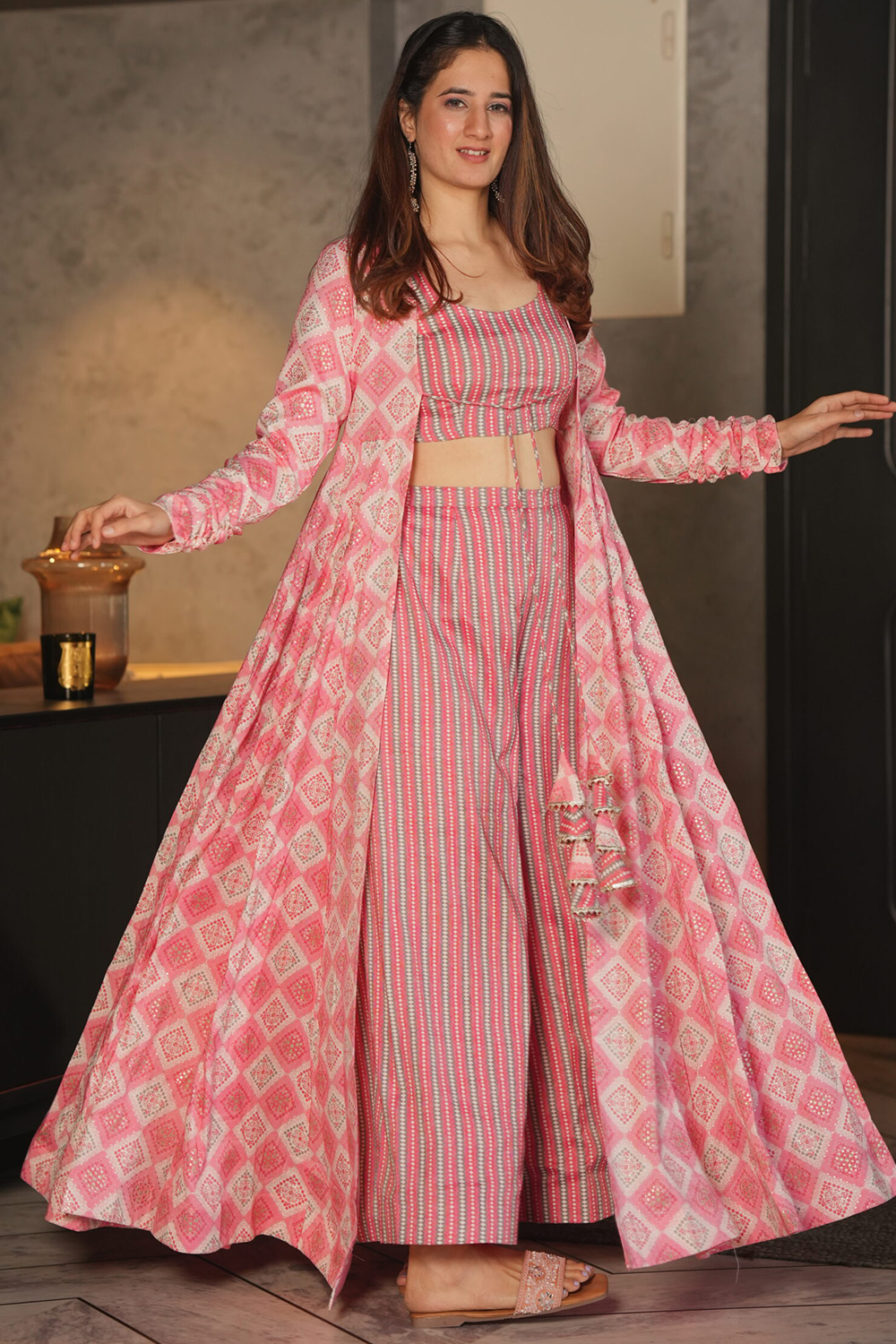 Blush Pink Rayon Printed Top With Palazzo Pant And Shrug LSTV132231