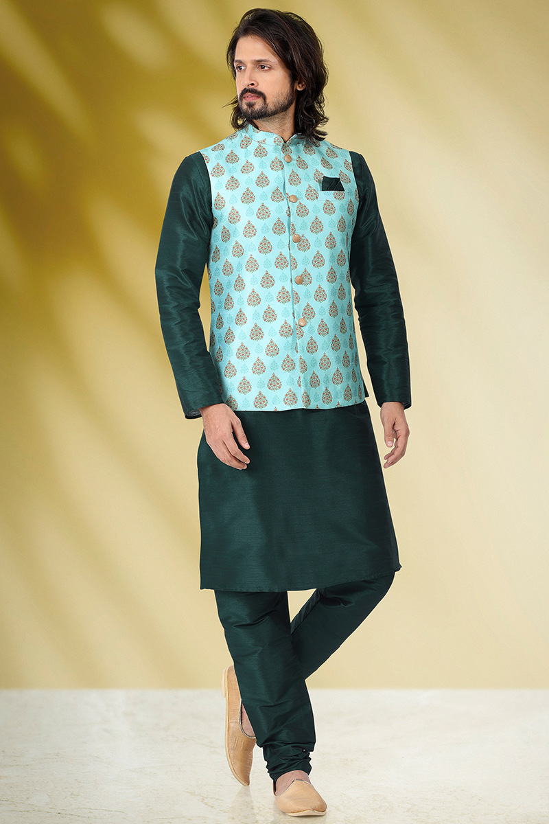 New Arrival Bottle Green Art Silk Plain Men's Kurta Pajama With