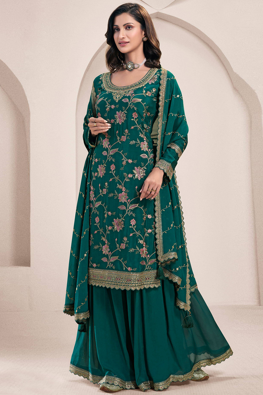 Festive Embroidered Green Chinnon Silk Palazzo Suit